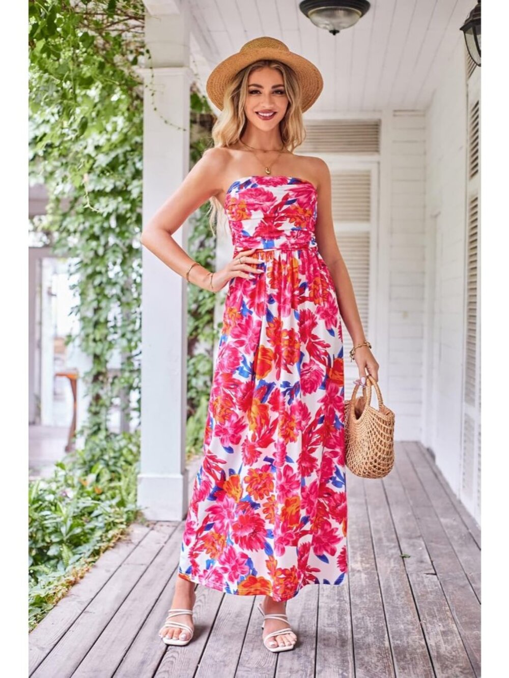 🆕Women's Pink Orange Strapless Neck Sleeveless A-Line Summer Comfort Maxi Dress - Picture 4 of 6